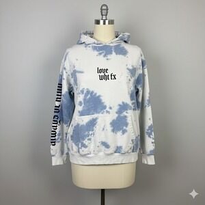 White Fox Tie Dye Hoodie "love wht fx" Graphic Print Blue White Medium Oversized